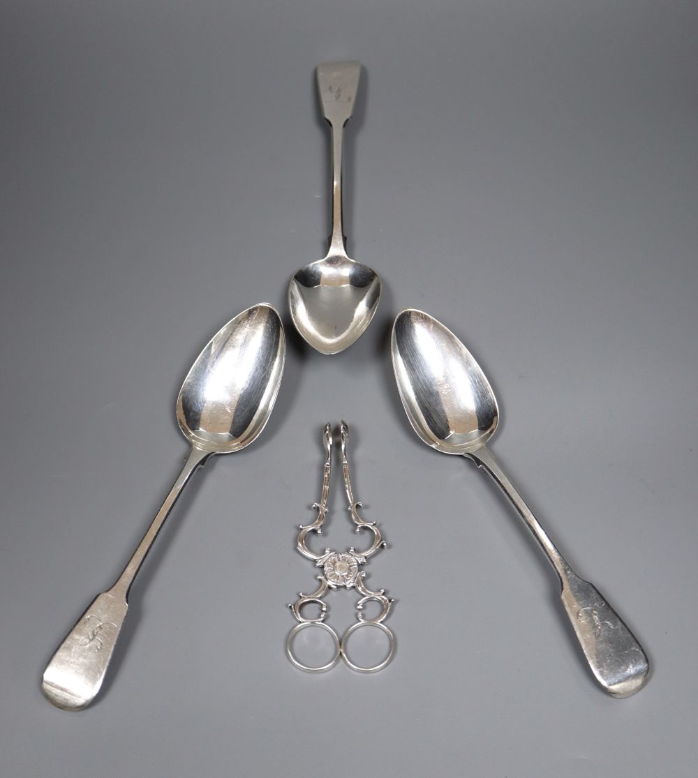 A set of three George III silver tablespoons, maker (probably) Thomas Dicks, London 1820 and a pair of George II silver sugar nips,